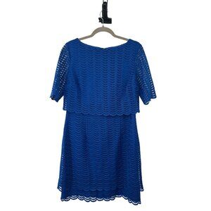 American Living Blue Lace Overlay Dress Women’s 14 Used Lined Short Sleeve